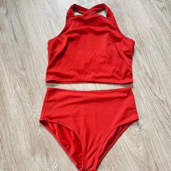 SWIMSUIT 2 PIECE SIZE XL ORANGE RIBBED WOMEN SWIMSUIT - Picture 1 of 13